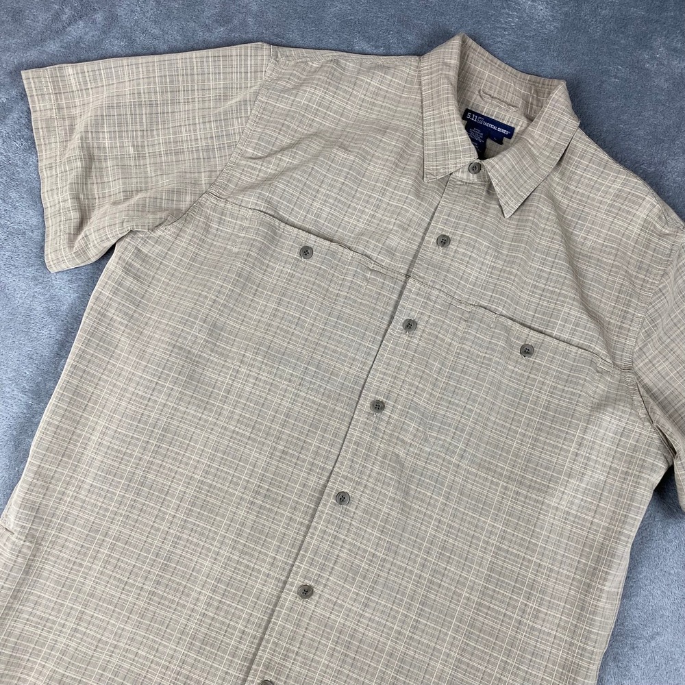 5.11 Tactical Mens L Button Down Shirt Tan Plaid Ripstop Mesh Lined Short Sleeve